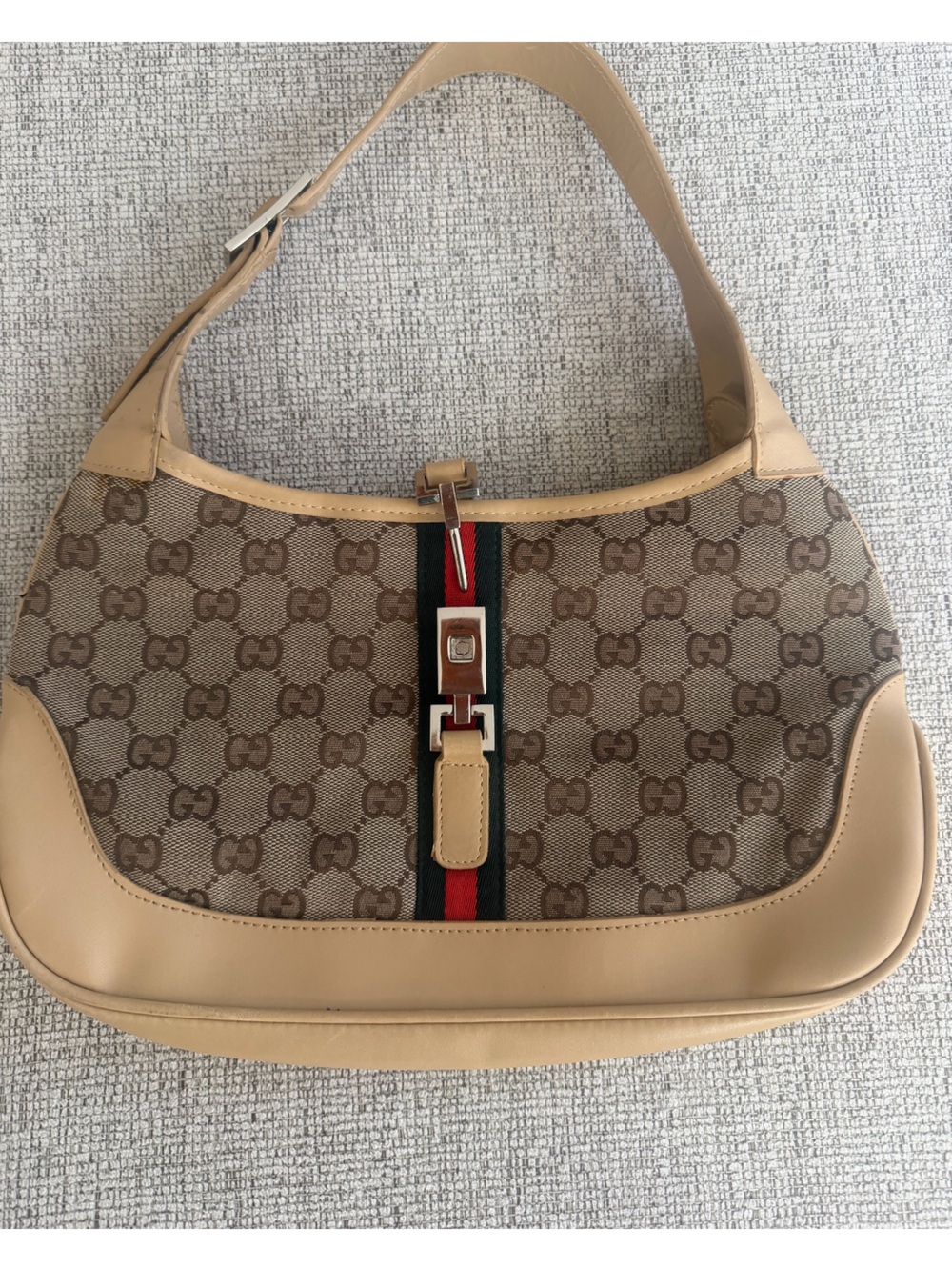 Gucci Beige GG Canvas Shoulder Bag with Red & Blue Web Stripe (the Jackie)